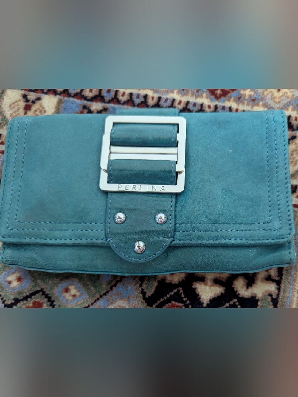 Perlina Teal Suede Clutch with Silver Buckle